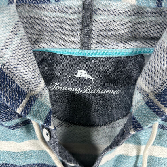 Tommy Bahama Mens Medium Hoodie Blue 1/4 Button Knit Fleece Lined Pocket Relax - Picture 2 of 7